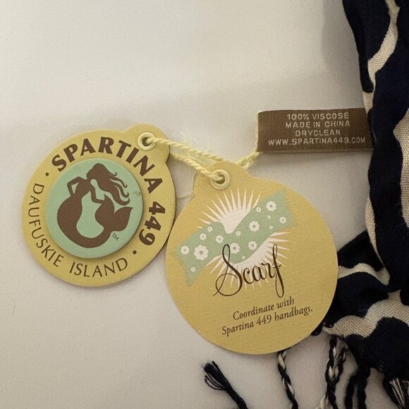 Spartina 449 Scarf Sallie Ann Navy Cream Geometric Fringe Wrap Shawl NEW - Picture 4 of 8